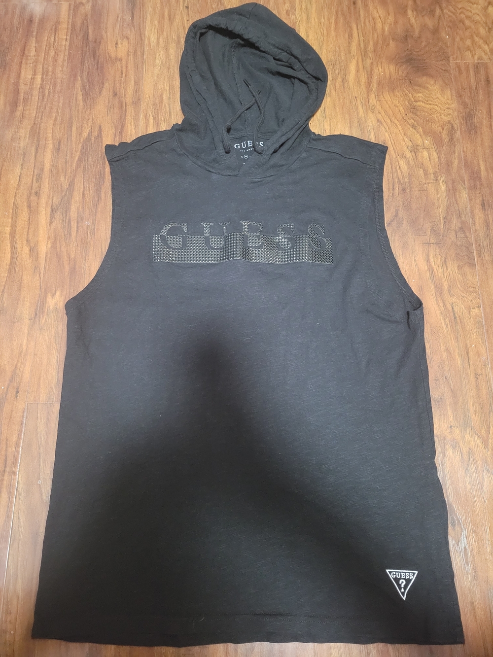 GUESS Black Sleeveless Hoodie with Rhinestone Logo